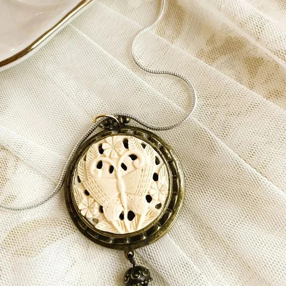 Antique Round Butterfly Brass Pendant Necklace with Sterling Silver chain 18" - Picture 3 of 7